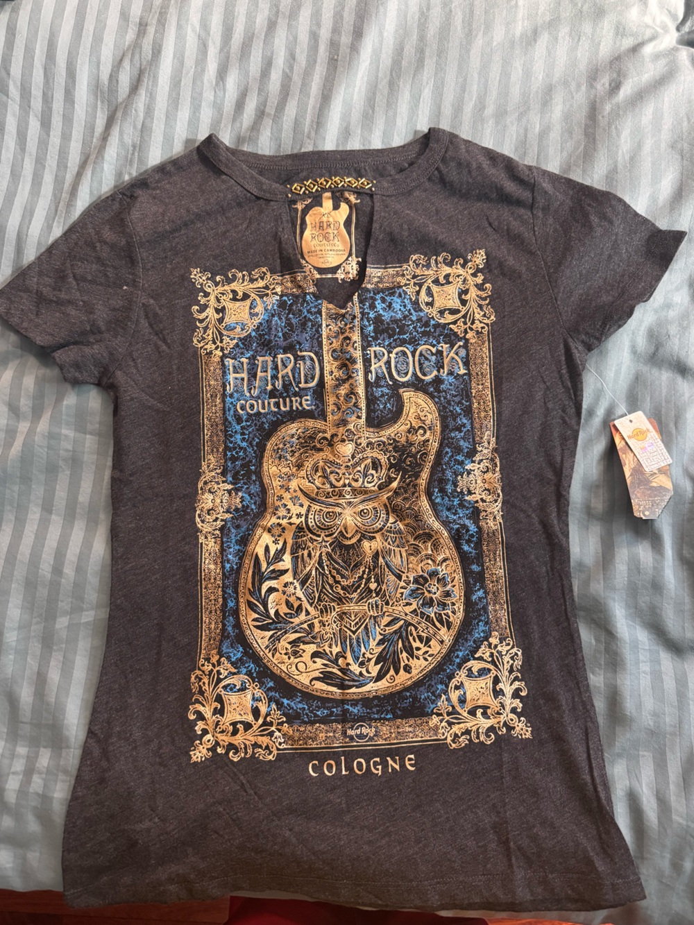 Hard Rock Cafe Black Tee with Gold and Blue Logo Tag